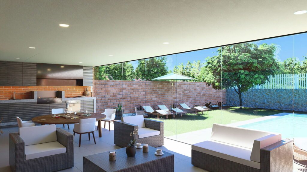 Estar con ventanales a jardin