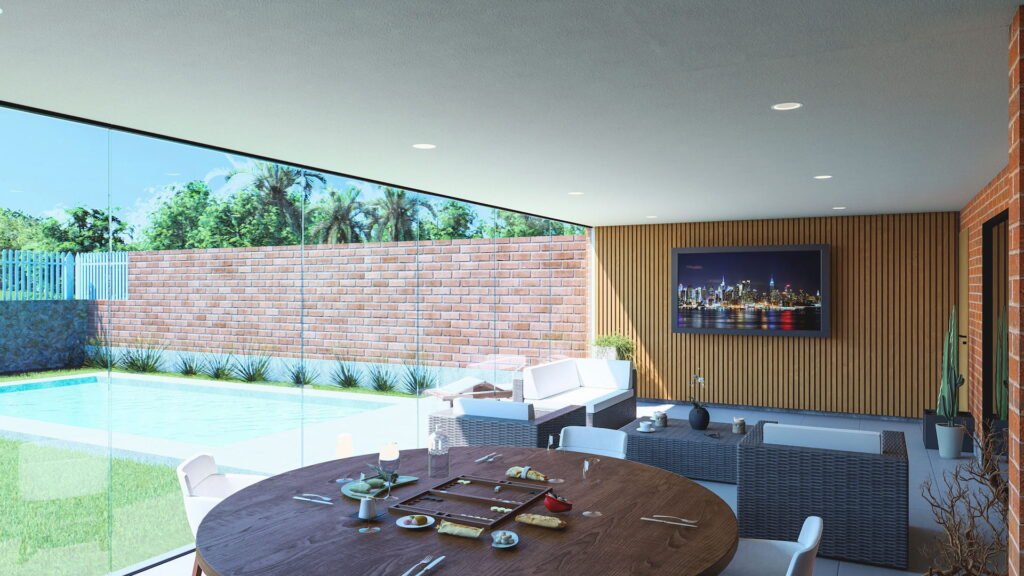 Comedor y estra en terraza con vista a jardín y piscina en Peñalolén