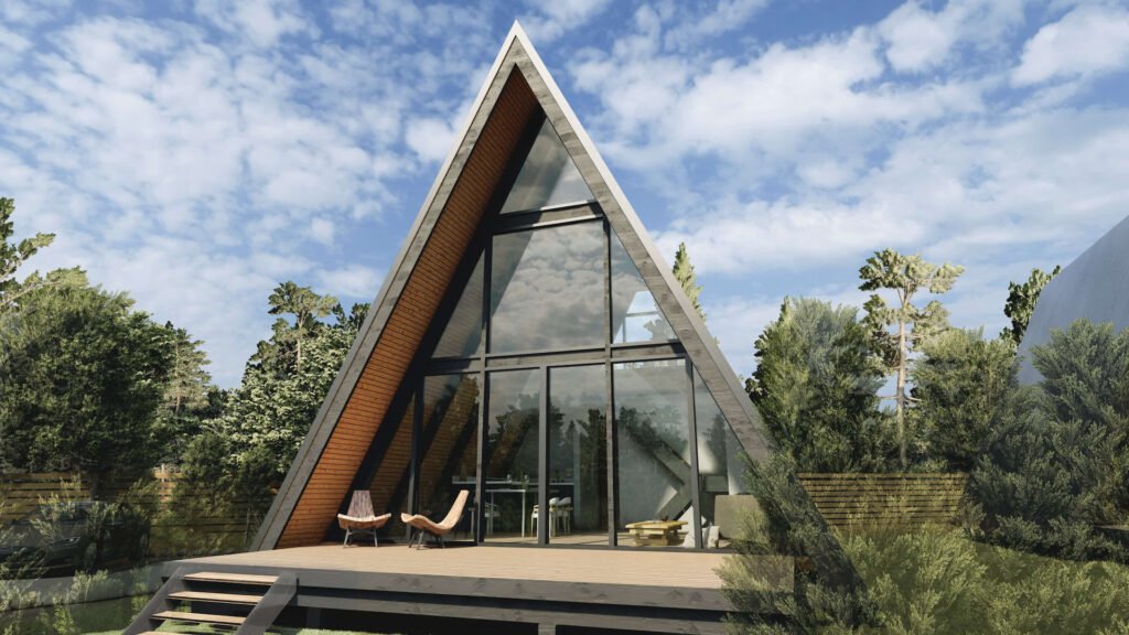 Cabaña contemporanea A de madera natural y negra.