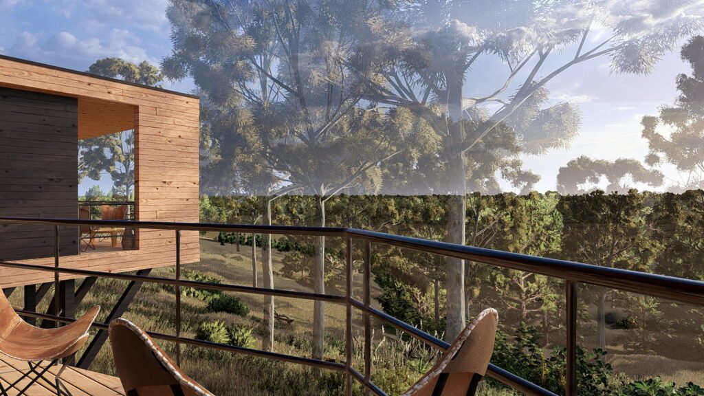 Vista desde terraza de casa de madera a bosque natural.