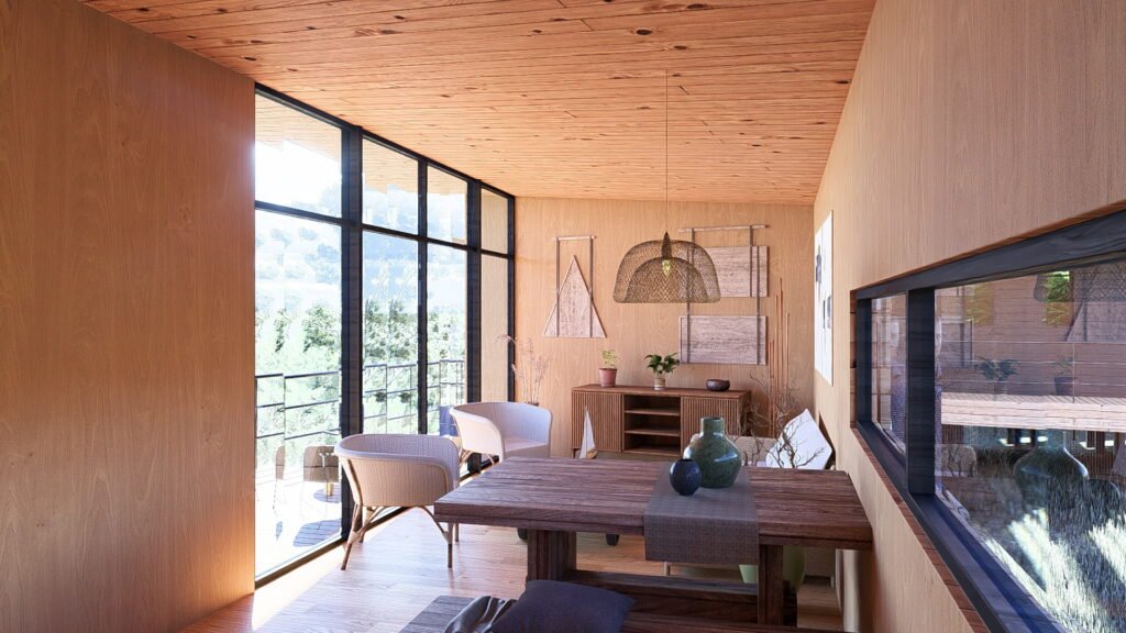 Interior cabaña madera moderna con grandes ventanales y vista a bosque.