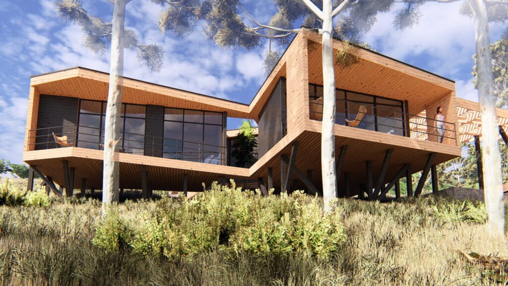 Implantación de vivienda en ladera con estructura elevada, terrazas exteriores y relación visual directa con el paisaje.