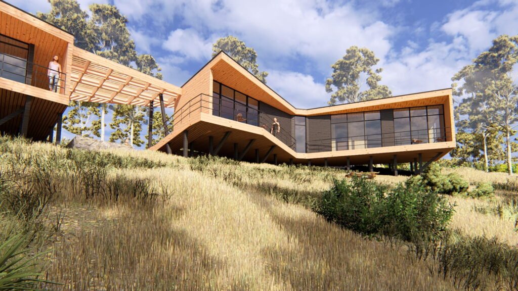 Conjunto de dos cuerpos habitacionales elevados sobre pilotes, adaptados a topografía irregular y vegetación existente.