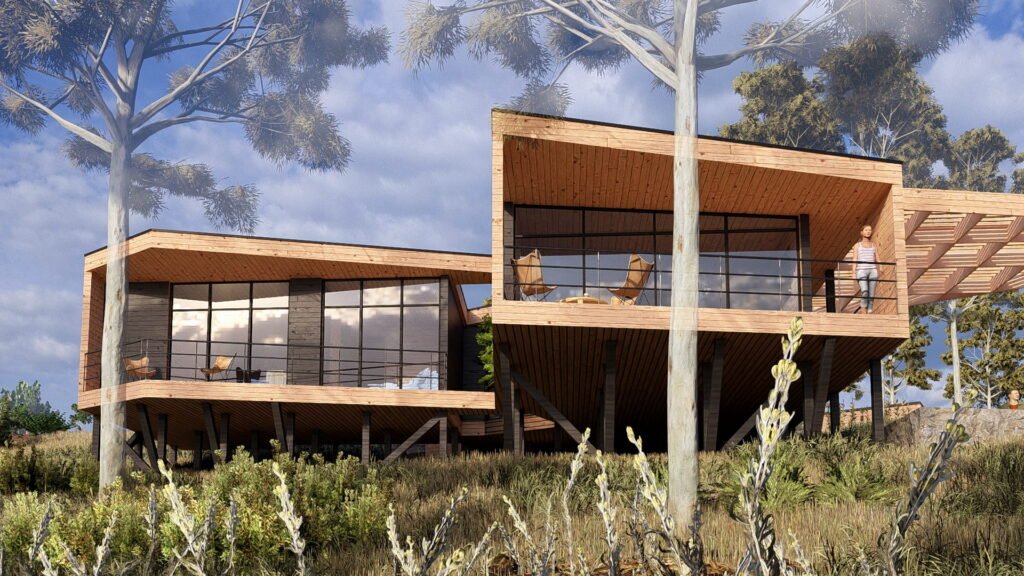 Casa moderna sobre pilotes con gran terraza y ventanales en bosque.