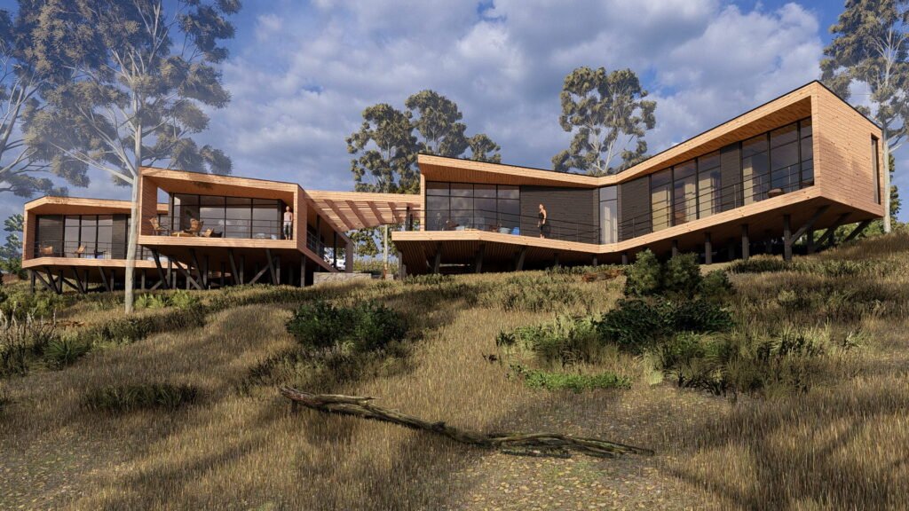 Perspectiva general de vivienda en pendiente con diseño moderno, estructura liviana y integración paisajística.