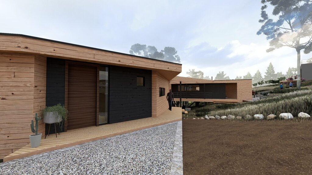 Acceso a vivienda de madera moderna natural y negra en Algarrobo.