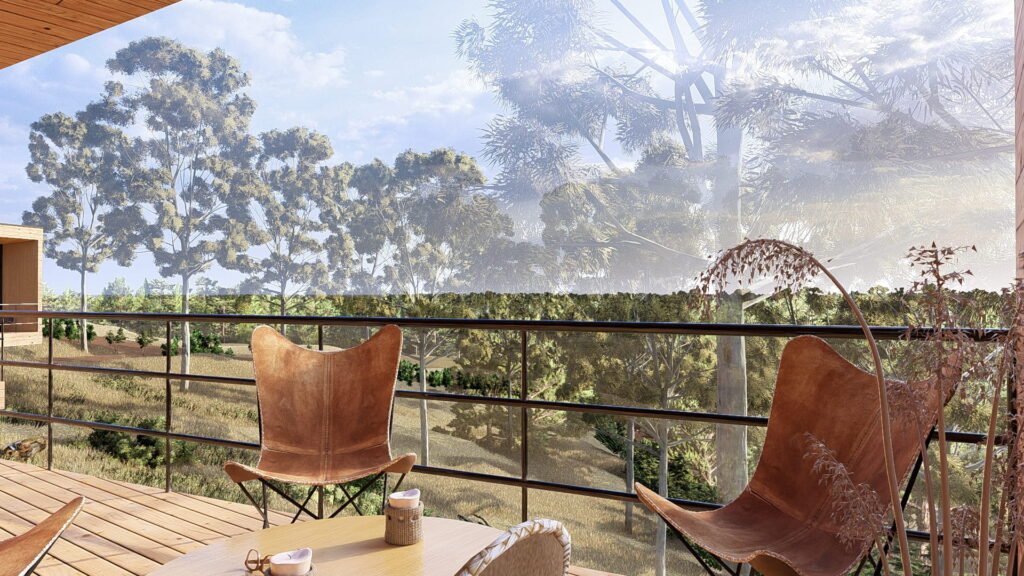 Terraza de casa con vista a bosque.