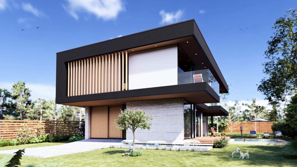 Acceso casa moderna de 2 pisos con madera en acceso y volumen negro en segundo piso