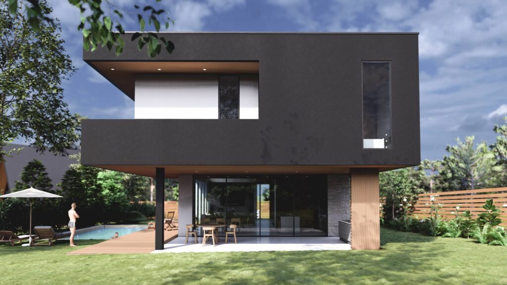 Diseño arquitecto Fachada porsterior casa moderna con quincho integrado.