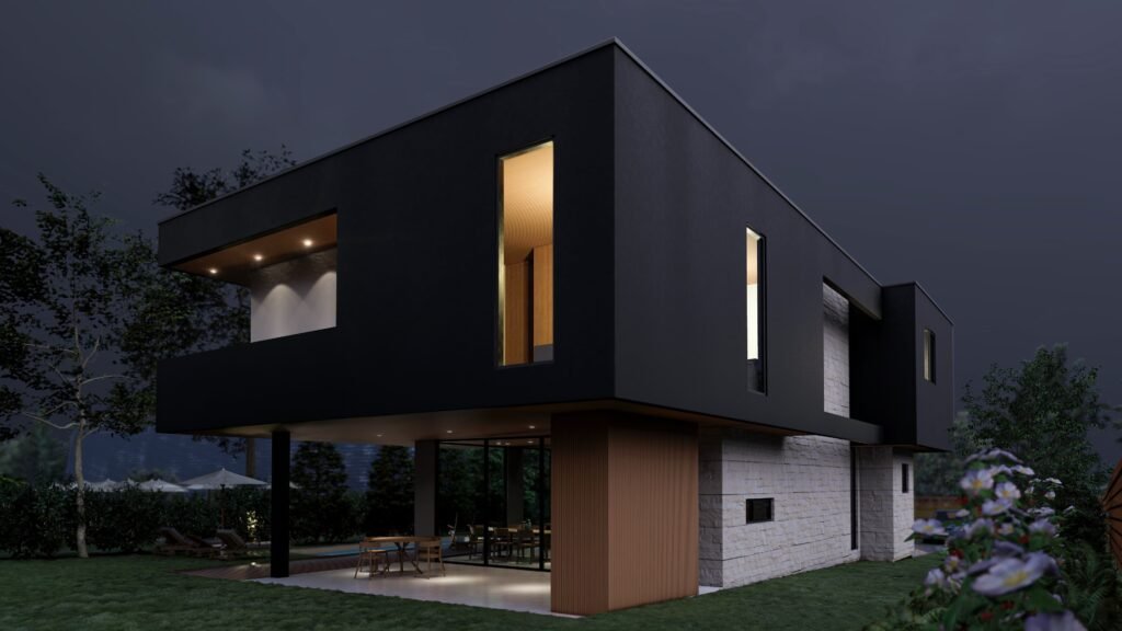 Vista nocturna casa con volumenes iluminados
