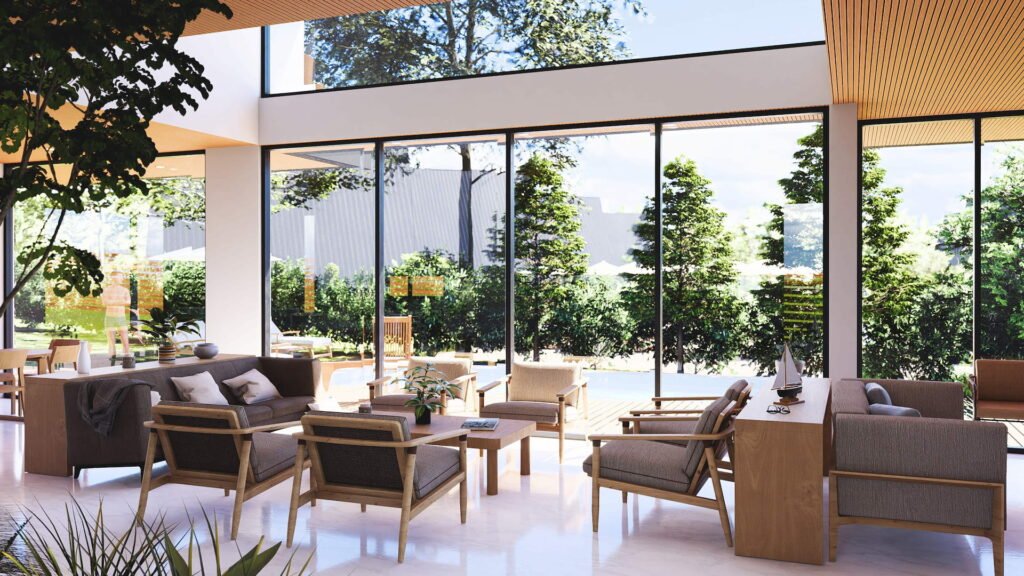 Diseño arquitecto interior doble altura casa contemporanea moderna con grandes ventanales en Algarrobo