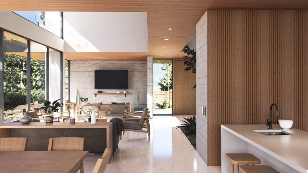 Vista interior espacio fuid de interior casa moderna.