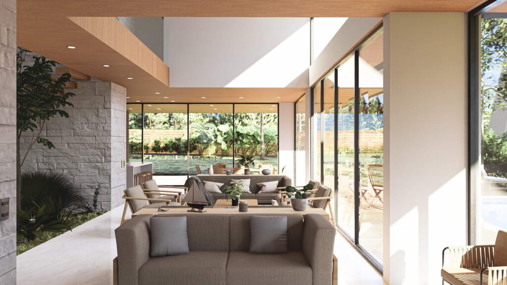 Interior casa moderna con estar doble altura muy iluminado.