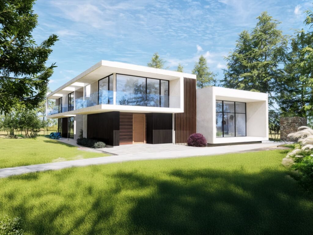 Diseño fachada casa moderna blanca con ventanales doble altura en 2 pisos