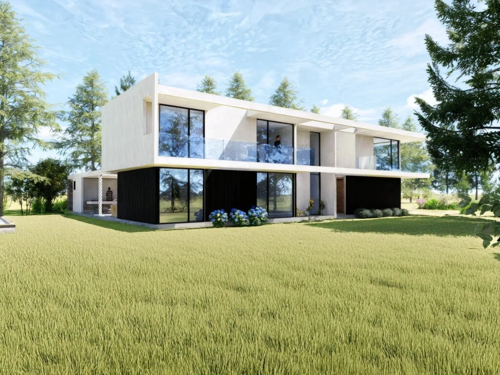 Diseño Facchada arquitecto casa moderna en Pirque 2 pisos con volumen balnco en voladizo