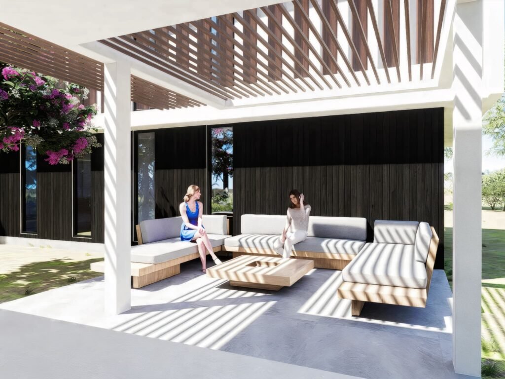 Patio cubierto de quincho en casa moderna