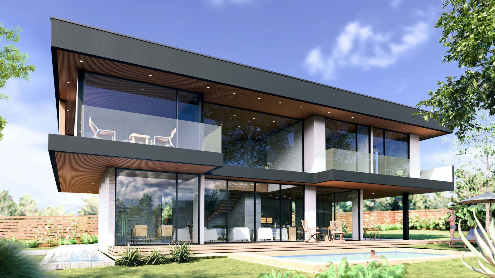 Casa estilo moderno con voladizo y grandes ventanales