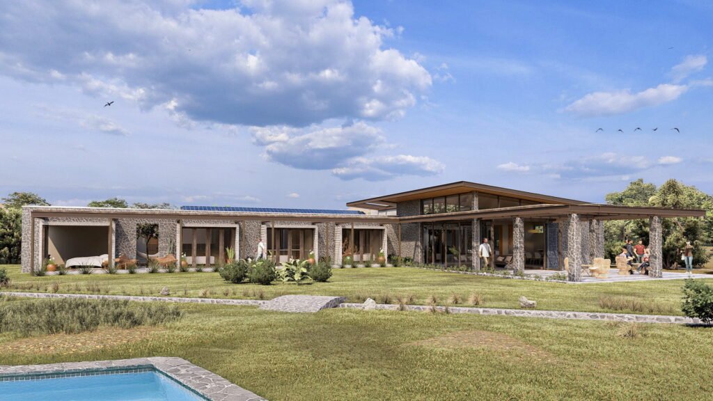 Casa contemporanea rustica, fachada piedra y grandes ventanales, integrada la paisaje, diseñada por arquitecto en Limache.