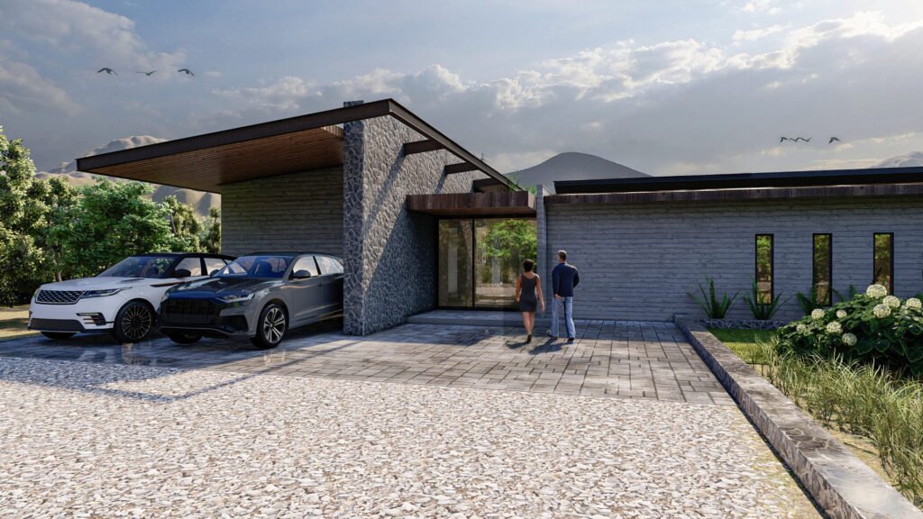 Acceso a casa contemporanea, fachada piedra y hormigon.