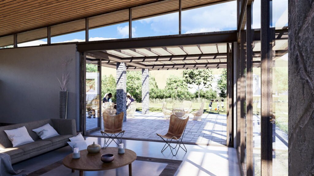 Diseño Interior rustico casa contemporanea, con materiales de piedra, madera natural, con ventanales