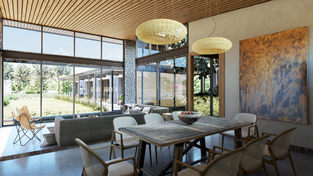 Interior comedor rustico con vista al jardín y patio interior.