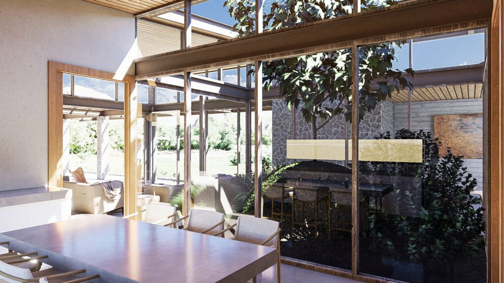 Meson en cocina rustica con vista a patio interior.