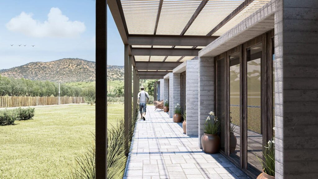 Corredor de casa rustica con fachada piedra natural a dormitorios y abierto a jardin.