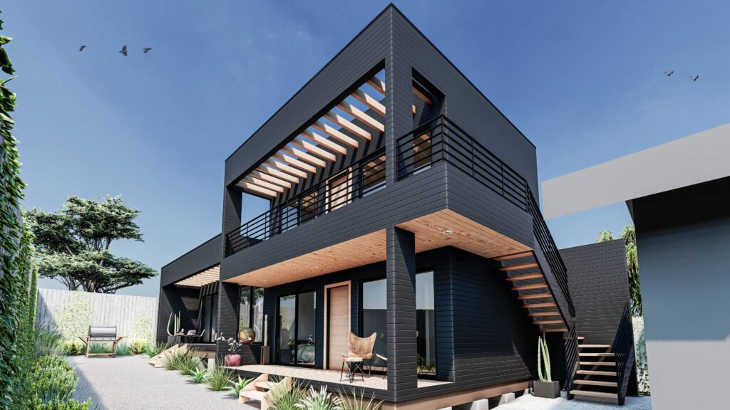 Diseño arquitecto Departamentos modulares en Llolleo madera negra.