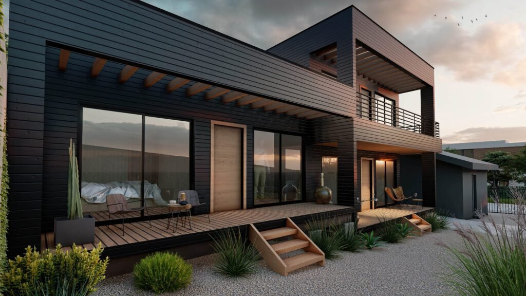 Vista atardecer Departamentos modulares en Llolleo madera negra.