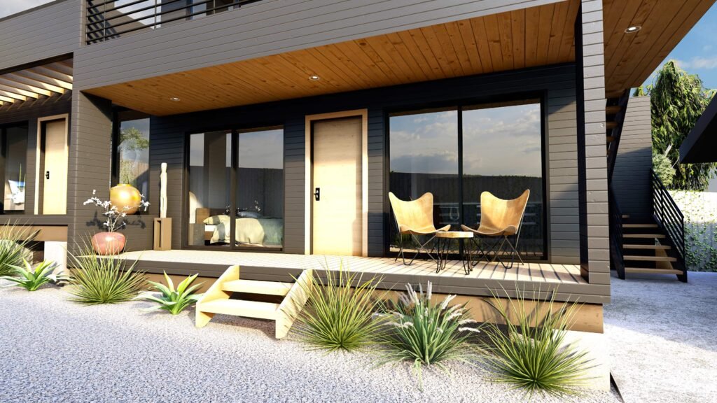 Terraza departamentos modulares madera diseño