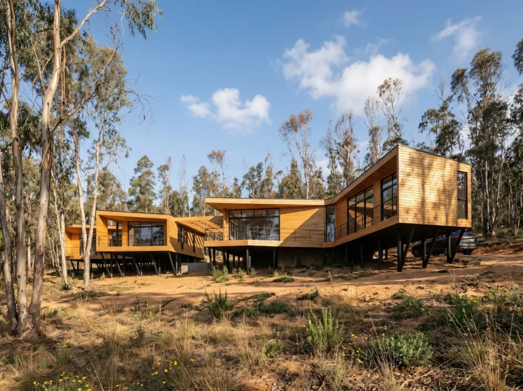 Casa de madera elevada sobre terreno en pendiente en Tunquén