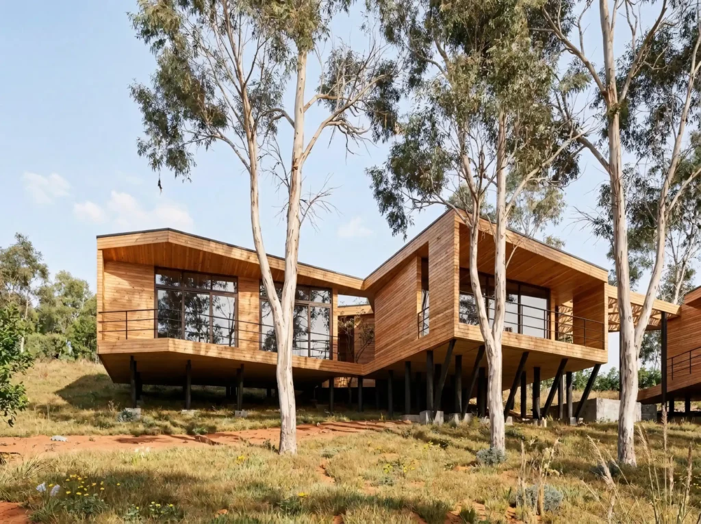 Vivienda en Tunquén integrada a terreno natural con volúmenes elevados de madera