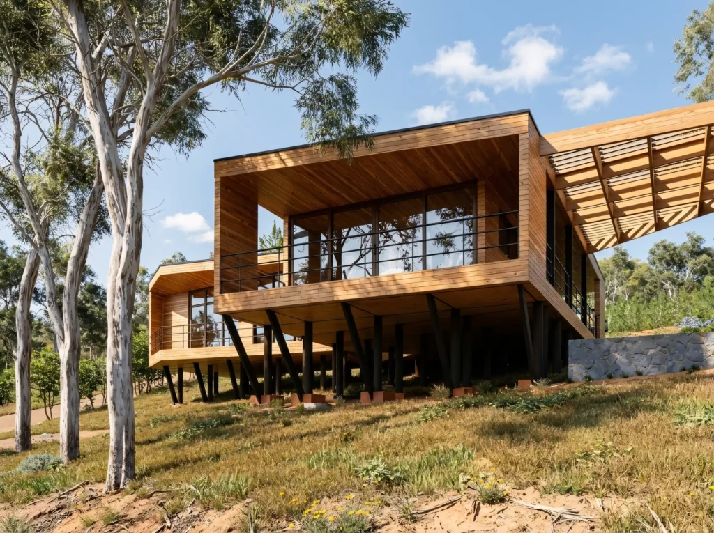 Detalle exterior de vivienda en Tunquén con terraza elevada y estructura de madera