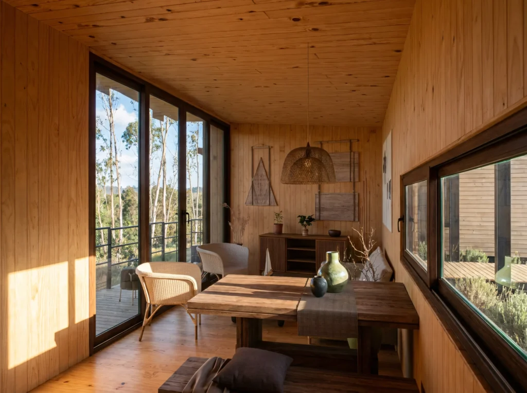 nterior de vivienda de madera con grandes ventanales hacia el paisaje de Tunquén