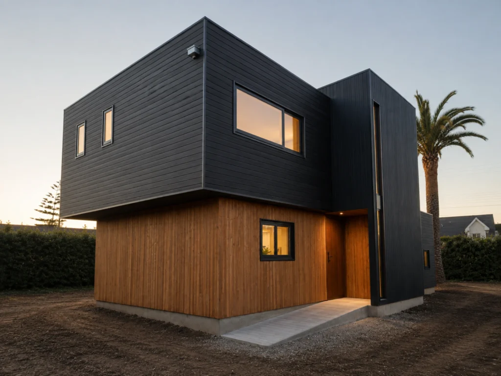 Acceso casa moderna madera y siging wpc en Santo Domingo