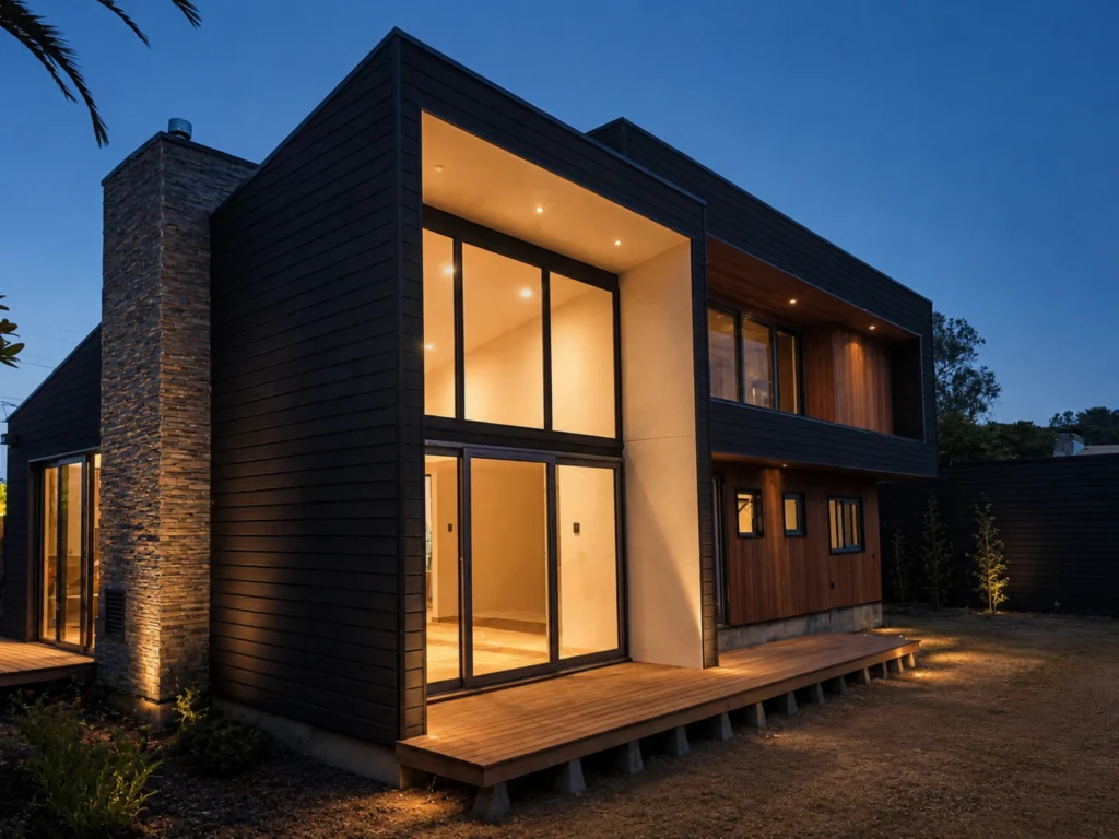 Diseño vivienda unifamiliar madera natural negra.
