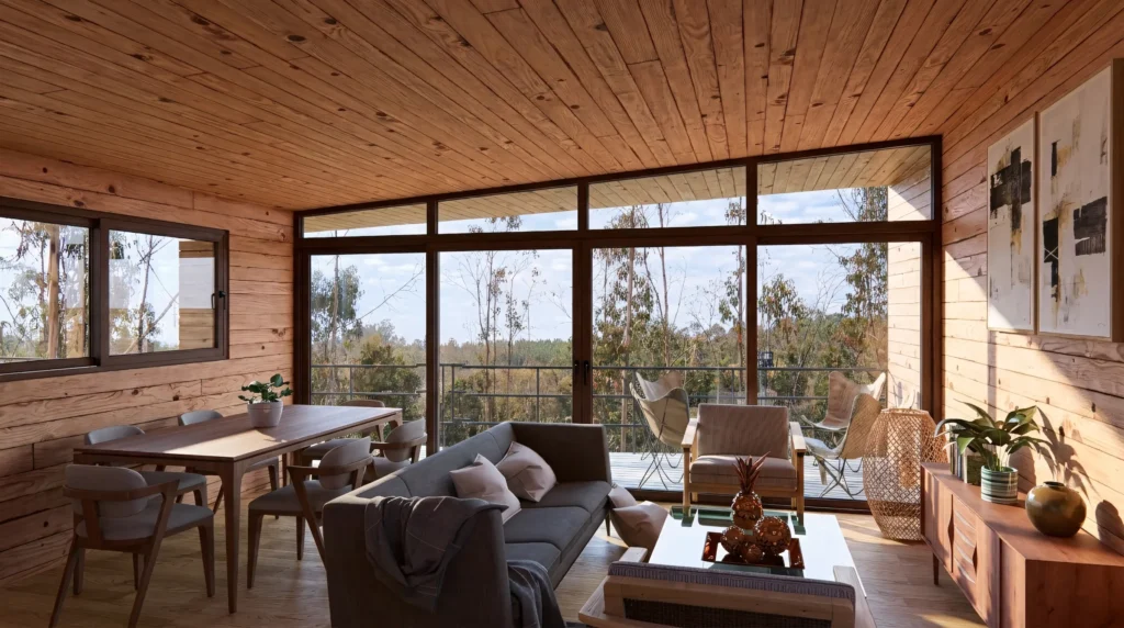 Estar de casa en Tunquén con ventanales panorámicos hacia el entorno natural