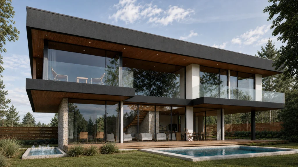 Casa moderna 2 pisos con volumen en voladizo y amplios ventanales diseñada por arquitecto en Algarrobo