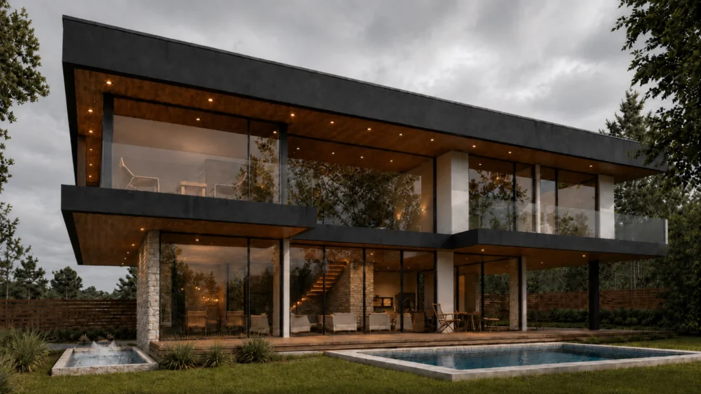 Casa moderna 2 pisos con volumen en voladizo y amplios ventanales iluminación diseñada por arquitecto en Algarrobo