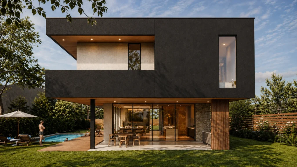 Diseño arquitecto Fachada porsterior casa moderna con quincho integrado.