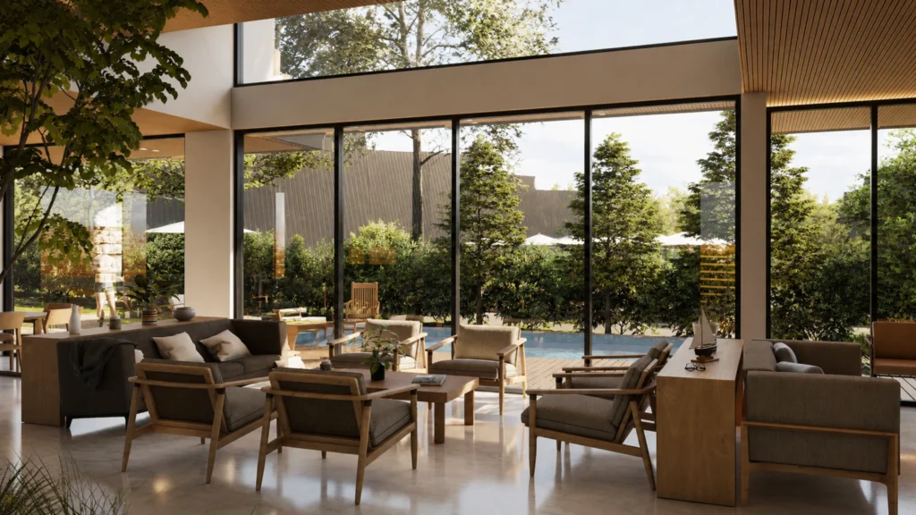 Diseño arquitecto interior doble altura casa contemporanea moderna con grandes ventanales en Algarrobo