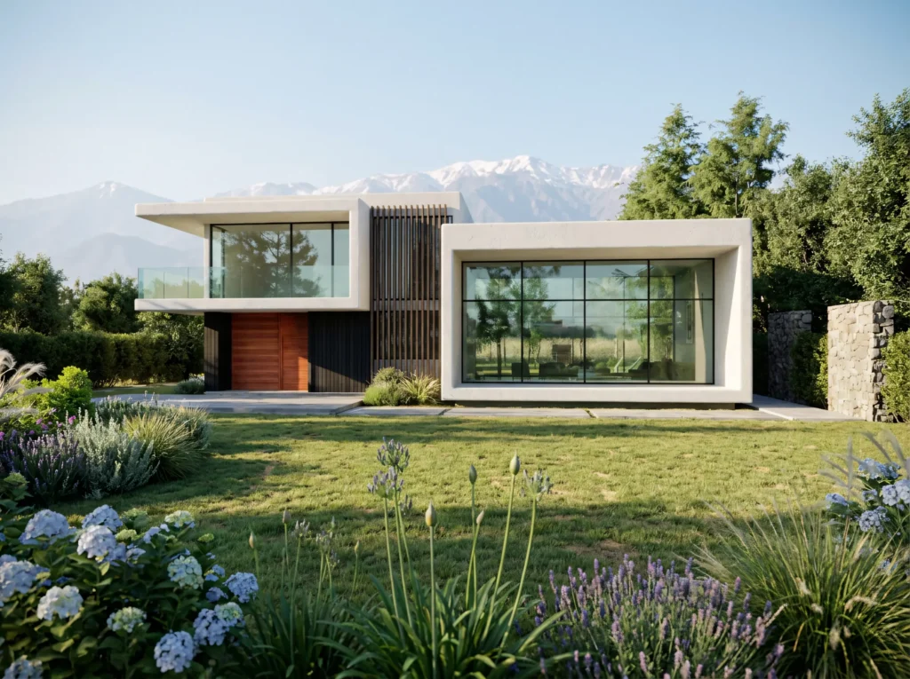 Fachada principal de vivienda moderna en Pirque con grandes ventanales y jardín