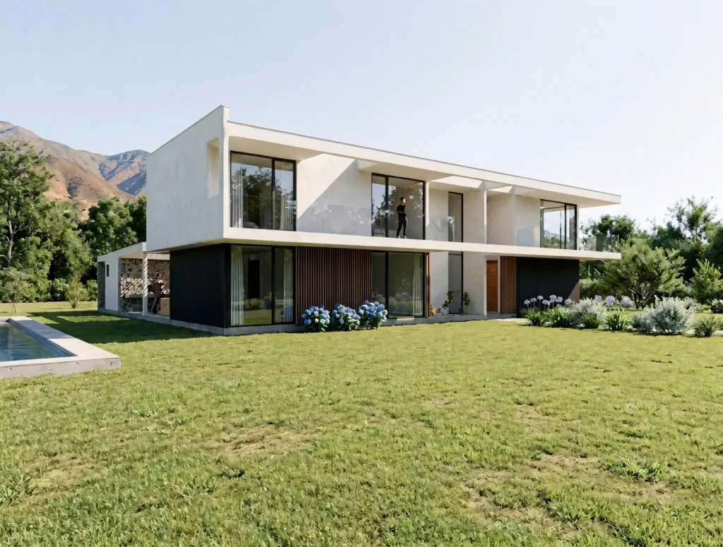 Fachada posterior de casa en Pirque abierta hacia el jardín