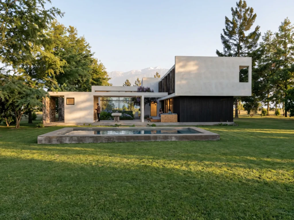 Vista exterior de la vivienda con terraza cubierta y amplios ventanales