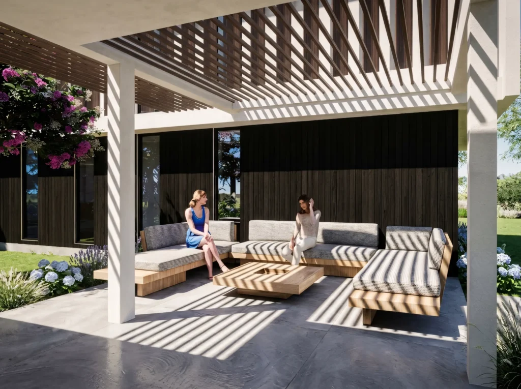 Terraza cubierta con pérgola de madera y espacio de estar exterior