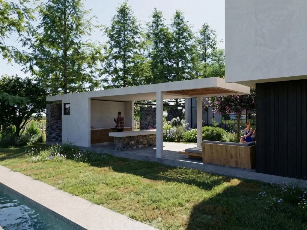 Terraza y quincho de vivienda en Pirque integrados al jardín