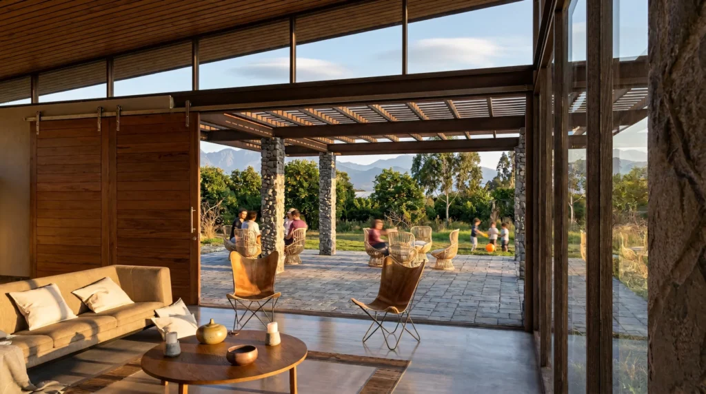 Terraza cubierta de casa de campo conectada con patio y jardín
