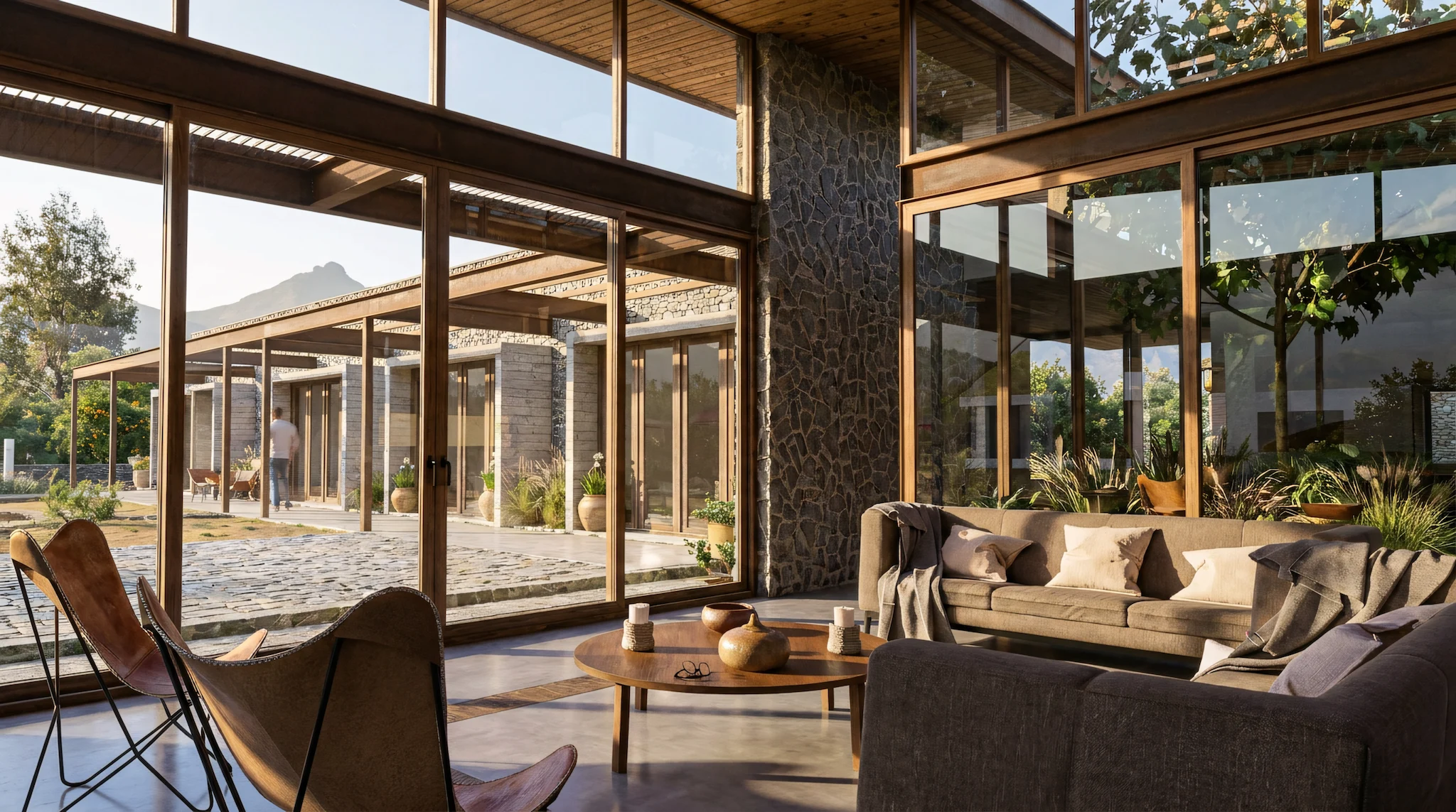 Estar interior abierto hacia terraza con estructura de madera y grandes ventanales