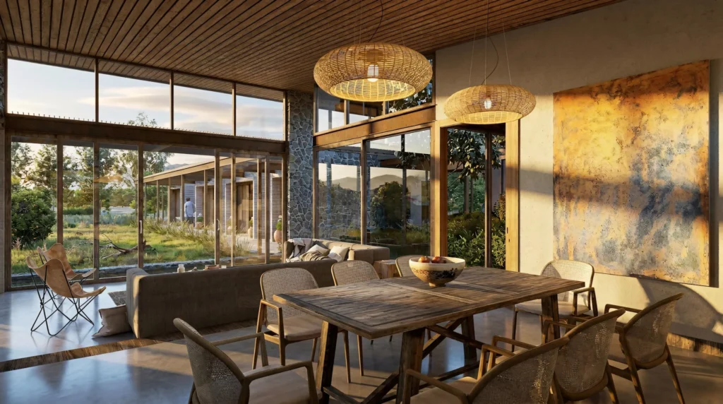 Comedor de vivienda con estructura de madera y amplios ventanales al jardín