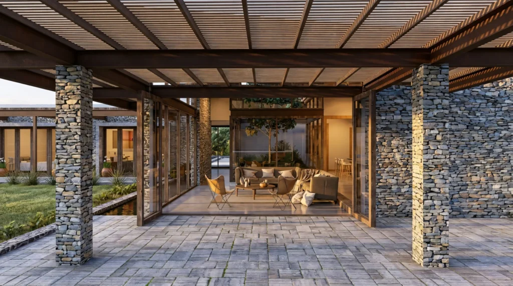 Patio interior de vivienda con pavimento de piedra y corredores cubiertos